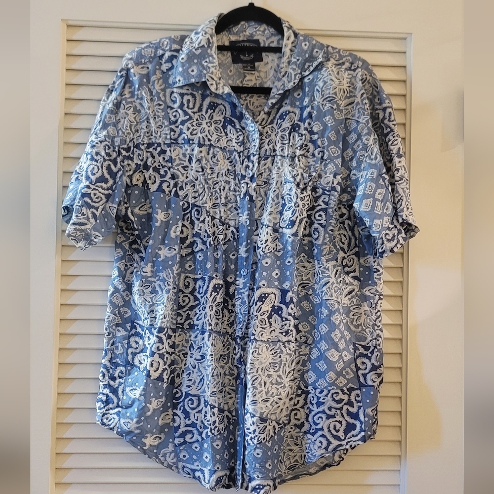 Solutions - Blue & White 100% Silk Button Short-Sleeve Padded Shoulder Top